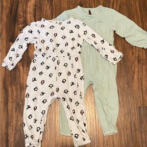 2 Old Navy Jumpsuit Rompers, Light Blue with Penguins & Sage